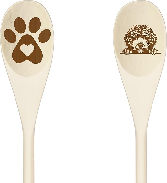 Decorative Wooden Spoons with Peeking Dog Designs, Paw Print and Dog Head, Kitchen Utensils Set of 2 (KOMONDOR)