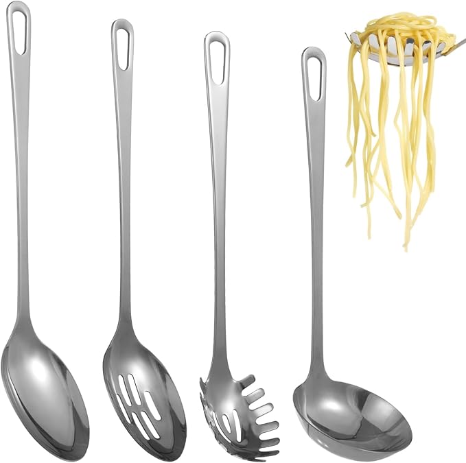 4 Pcs Stainless Steel Cooking Utensils Set, Includes Ladle, Slotted Serving Spoon, Solid Serving Spoon, Pasta Server, 430 Stainless Steel Metal Kitchen Utensils for Cooking