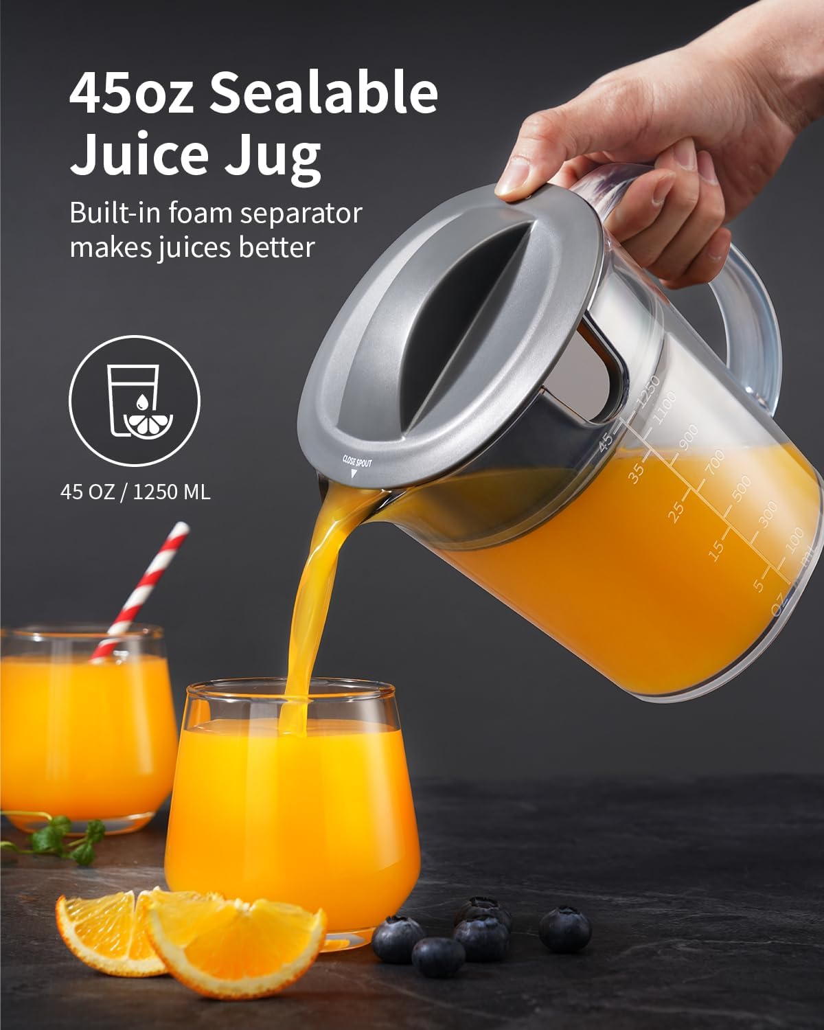 GDOR 1200W Juicer Machines with Larger 3.2" Feed Chute, 45oz Large Juice Jug, Centrifugal Juice Extractor Maker with Titanium Enhanced Cutting System, Dual Speeds, BPA-Free, Silver