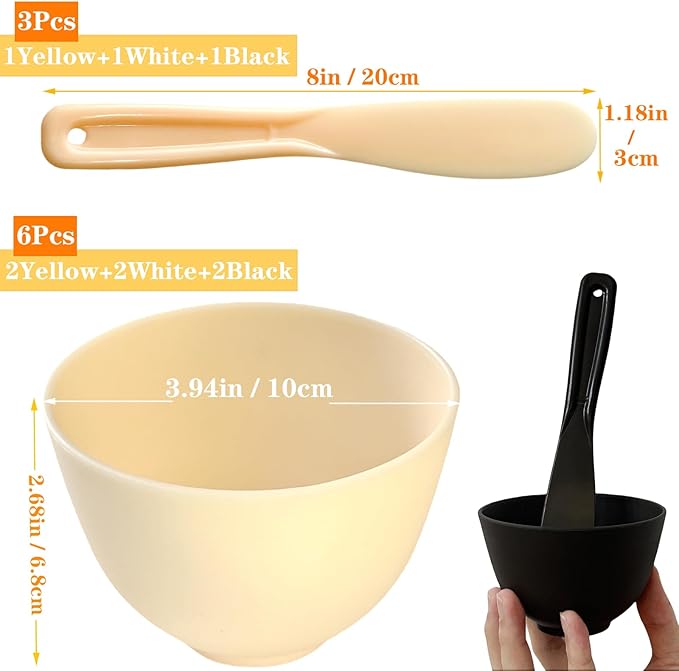 9Pcs Silicone Facial Mask Bowl DIY Face Mask Mixing Bowl for Home Salon Spa Face Skin Applicator Bowl with Stir Sticks, Black,White,Yellow
