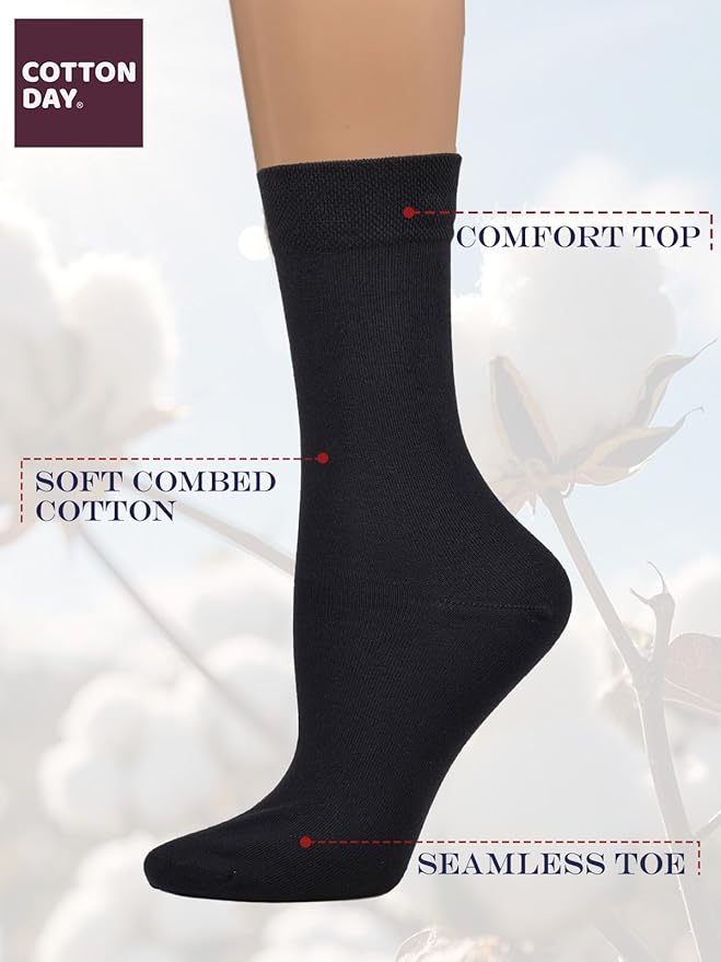 COTTON DAY Women's Soft Combed Cotton Dress Socks Seamless Toe Black White Gray Navy Blue Brown Beige