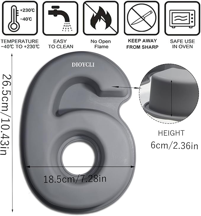 Dioycli Large Number Cake Pans for Baking 3D Cake Silicone Cake Mold DIY Personalized Cake Pan for Birthday and Wedding Anniversary Number 6 Cake Pan of 10 Inch