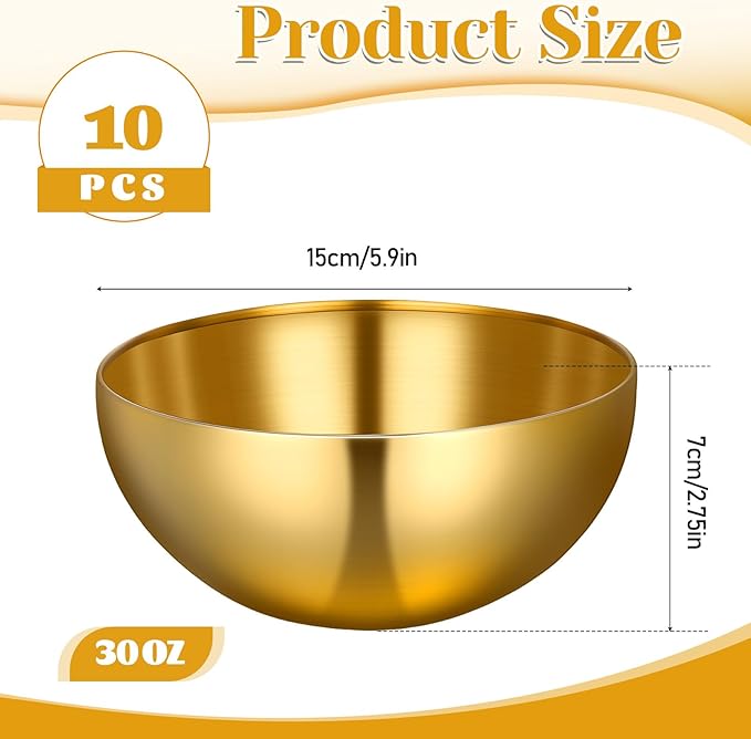 10 PCS Gold Mixing Bowls, 5.9 Inch Gold Serving Bowls Decorative Metal Stainless Steel Bowl Facial Bowl Esthetician for Mixing, Soup, Dessert, Cereal, Fruit, Snack, Christmas