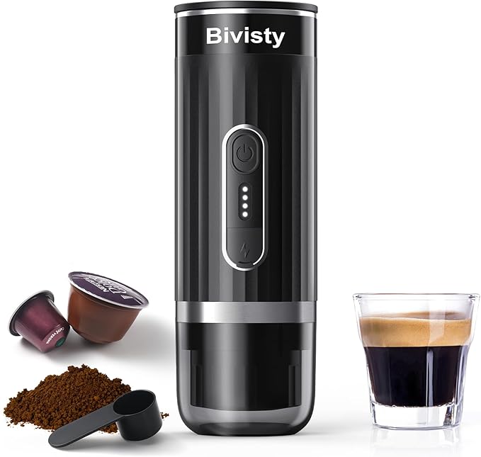 Portable Espresso Maker for Travel, Camping Coffee Machine, Electric Self-Heating With USB-C, Ground Coffee Compatible with Nespresso & Dolce Gusto for RV, Outdoor, Office (black)