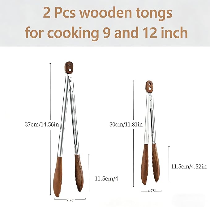 Wooden Tongs for Cooking Heat Resistant 2 Pcs 9 Inch 12 Inch Wooden Salad Tongs with Wood Tip for Serving Food Walnut Wood Kitchen Utensils for Toaster Home Chefs Gift Suitable for Non-stick Cookware