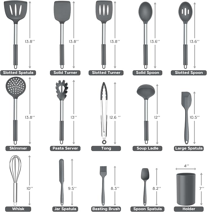 Onader Kitchen Cooking Utensils Set of 15, Silicone and Stainless Steel Utensils Spatula Set with Holder, Heat Resistant & Dishwasher Safe - Grey