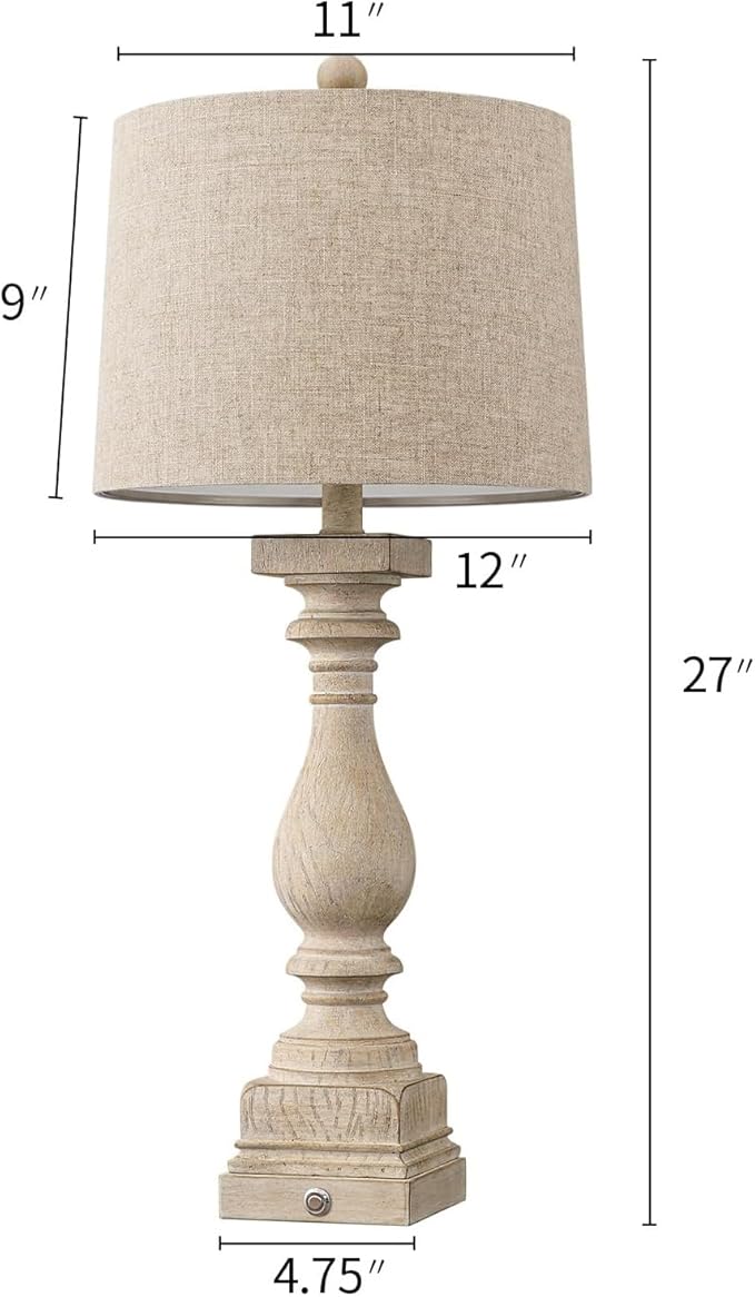 BOBOMOMO 27" Farmhouse 3-Way Dimmable Touch Control Table Lamp Set of 2 with USB A &USB C Charging Ports for Bedroom Living Room Vintage Rustic Traditional Nightstand Bedside Lamps (2 Bulbs Included)