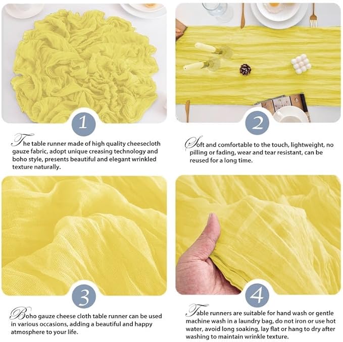 10 Pack Light Yellow Table Runner 120 Inch Cheesecloth Table Runner 10FT Rustic Boho Gauze Table Runners Long Cheese Cloth Runner Semi Sheer Runners for Wedding Bridal Baby Shower Party