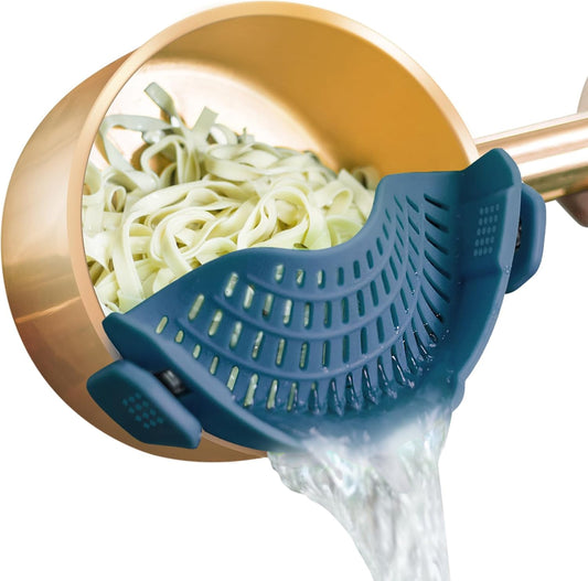 AUOON Clip On Strainer Silicone for All Pots and Pans, Pasta Strainer Clip on Food Strainer for Meat Vegetables Fruit Silicone Kitchen Colander (Fog Blue)