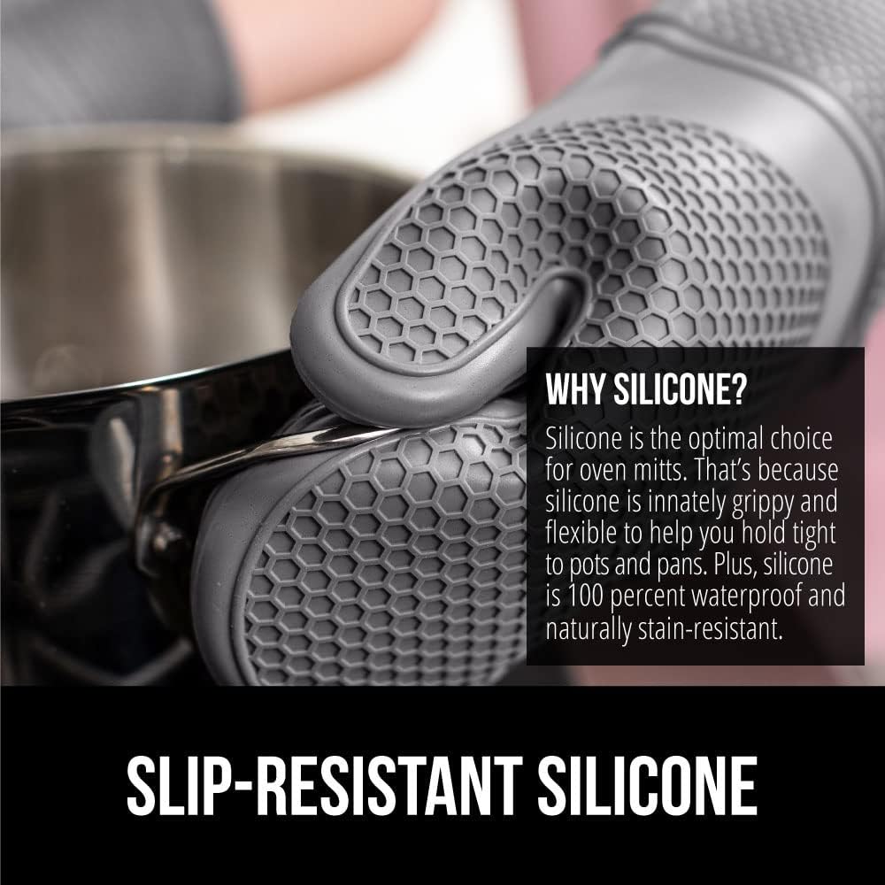 GORILLA GRIP BPA-Free Soft Silicone Oven Mitts, 14.5x8.3, Heat Resistant and Waterproof Cooking Gloves, Thick Cotton Lining, Flexible Gripping for Baking Grilling, Kitchen Potholders Set of 2, Gray