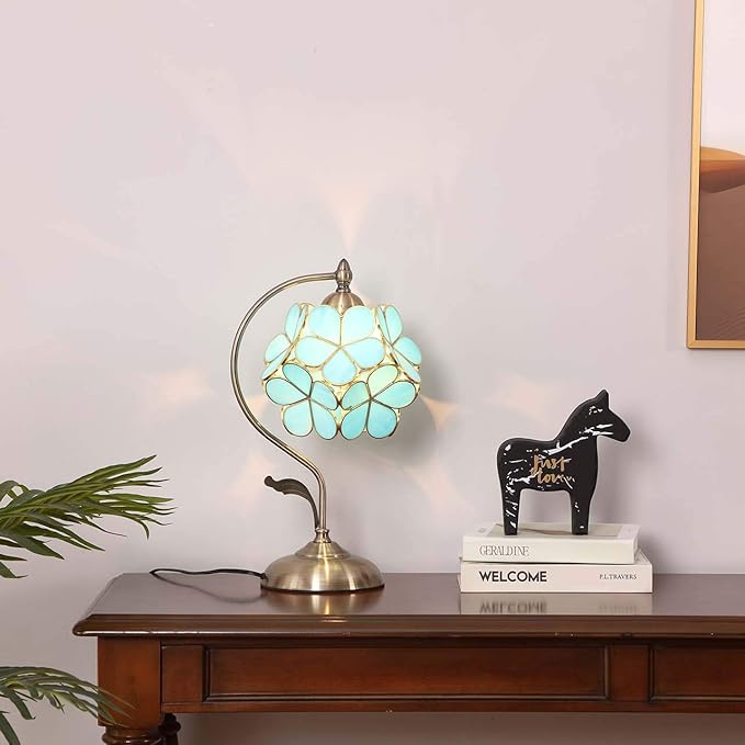 Bieye L10752 Tiffany Style Stained Glass Flower Petal Table Lamp with Brass Base for Home Décor (Sky Blue, 8" Cherry Blossom)