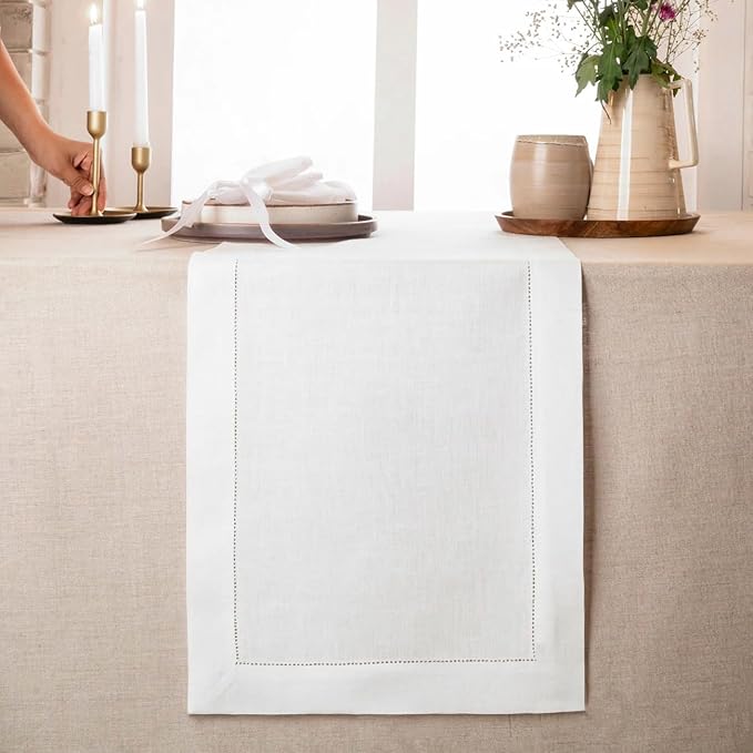 D'Moksha Homes Linen White Table Runner 144 Inches Long - 100% Pure Linen Extra Long Table Runner 14 x 144 Inch for Winter, Christmas, Holiday, New Year - Classic Hemstitch