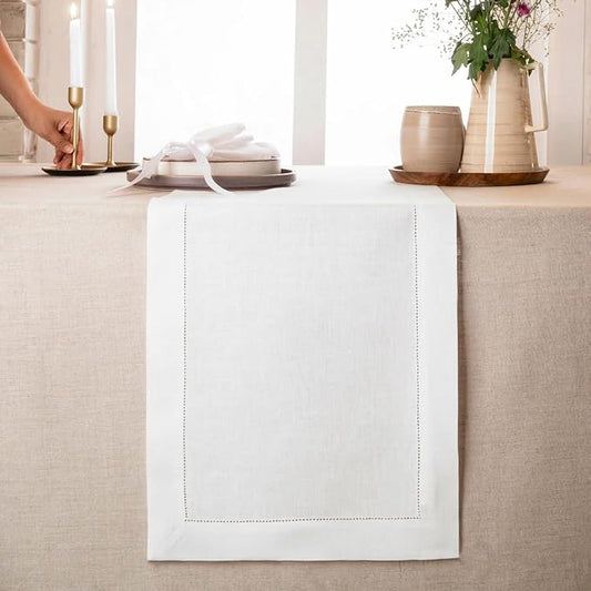 D'Moksha Homes Linen White Table Runner 144 Inches Long - 100% Pure Linen Extra Long Table Runner 14 x 144 Inch for Winter, Christmas, Holiday, New Year - Classic Hemstitch