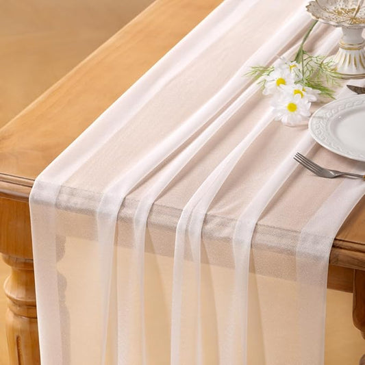 Socomi 10pcs White Gauze Table Runner Chiffon Like Wedding Table Runner 120 inches Long Boho Rustic for Bridal Shower Decorations Baby Shower