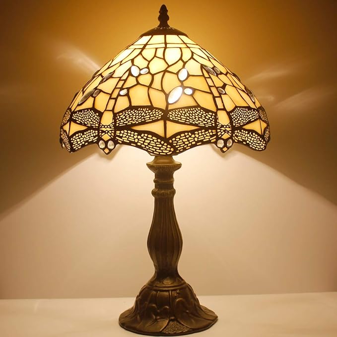 WERFACTORY Tiffany Lamp Cream Stained Glass Dragonfly Bedside Table Lamp Desk Reading Light 12X12X18 Inches Decor Bedroom Living Room Home Office S139 Series