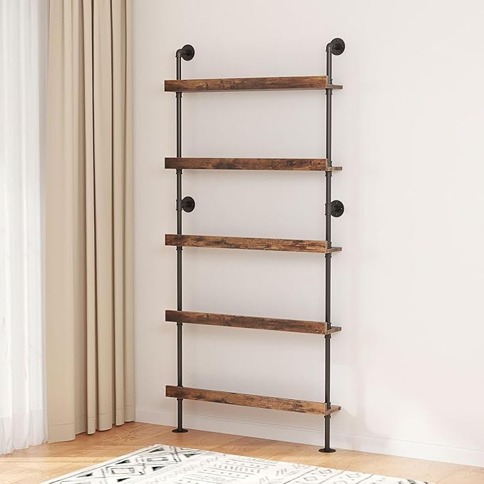 5-Tier Wall Mounted Wine Rack, Industrial Pipe Bar Shelf for Wine Bottle Storage, Industrial Pipe Shelves Shelf Shelving for Home Bar Dining Room Kitchen (23.6" W x 79" H x 8.6" D)