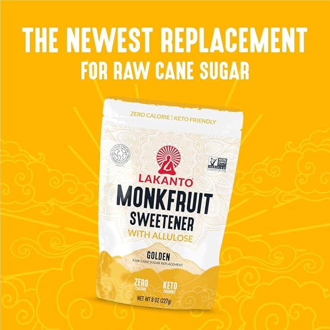 Lakanto Golden Monk Fruit Sweetener With Allulose, Raw Cane Sugar Substitute, Monk Fruit Extract, Raw Sugar Replacement for Baking, Coffee & Tea, Gluten Free, Low Carb, Non GMO, Keto, 8 OZ Bag
