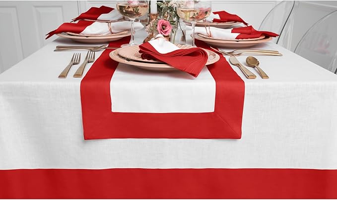 Solino Home Linen Table Runner 108 Inches Long - Red and White 100% Pure Linen 14 x 108 Inch Table Runner for Dining, Christmas, Holiday, Winter, New Year - Contempo