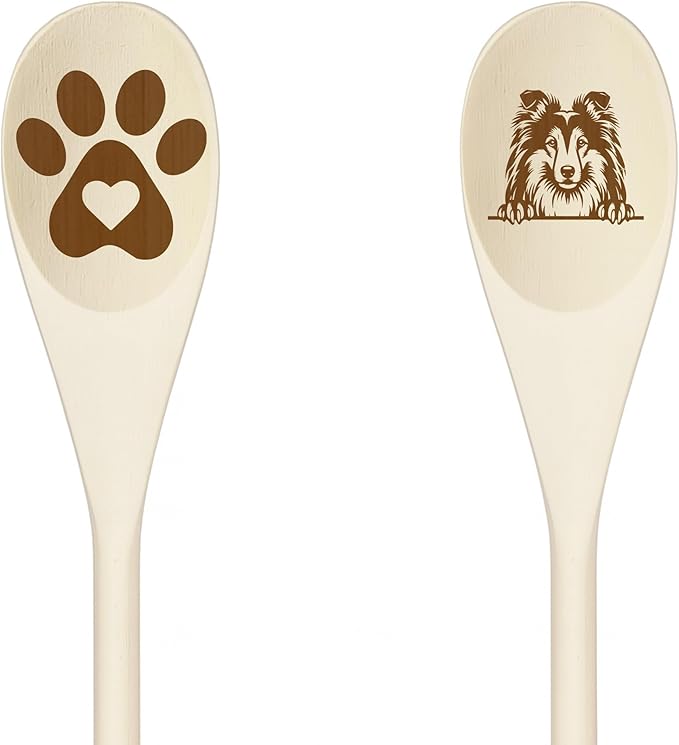 Decorative Wooden Spoons with Peeking Dog Designs, Paw Print and Dog Head, Kitchen Utensils Set of 2 (COLLIE)