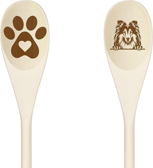Decorative Wooden Spoons with Peeking Dog Designs, Paw Print and Dog Head, Kitchen Utensils Set of 2 (COLLIE)