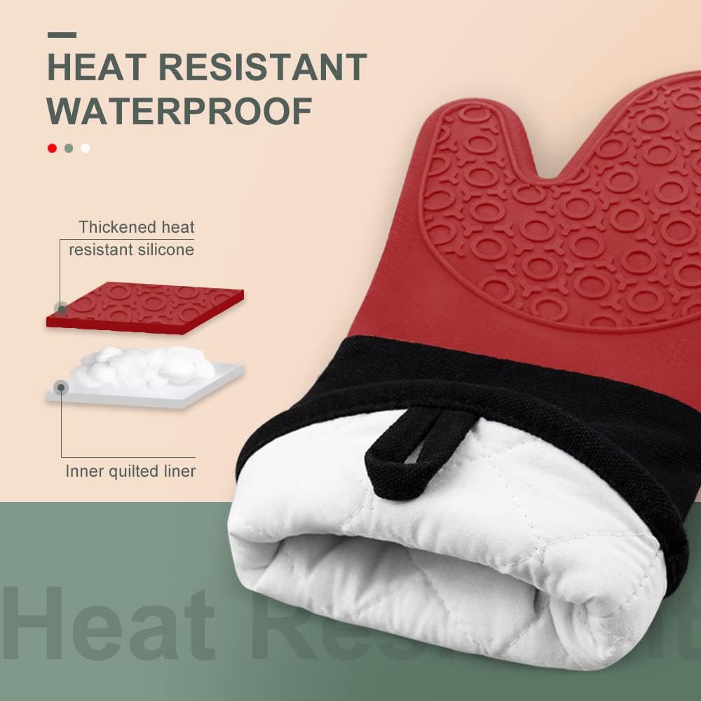 sungwoo Extra Long Silicone Oven Mitts, Heat Resistant Oven Gloves with Quilted Liner Non-Slip Textured Grip Perfect for BBQ, Baking, Cooking and Grilling - 1 Pair 14.6 Inch Red & Black