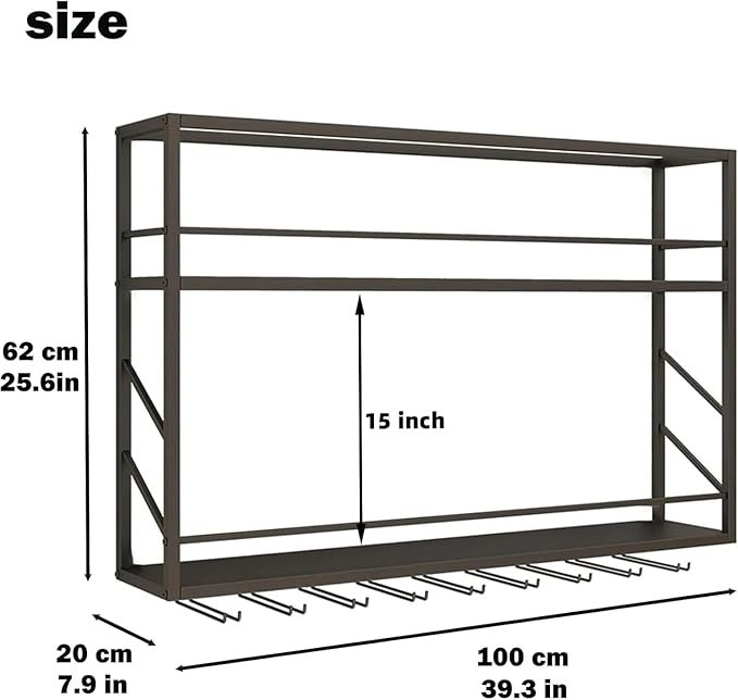 Wall Mounted Wine Rack, 2-Tier Wall Bar Shelves for Liquor Bottles, Metal Bottle Holder Wine for Wine Storage & Display for Home Bar & Dining Room (39.3×7.8×26in)