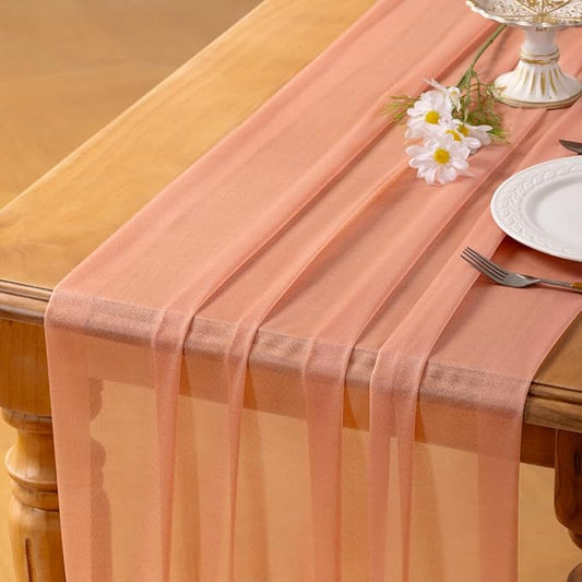 Socomi Rose Gold Gauze Table Runner Chiffon Like Wedding Table Runner 120 inches Long 10FT Rustic Boho for Bridal Shower Decorations Baby Shower