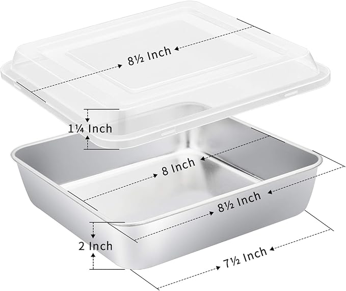 E-far 8 x 8-Inch Square Baking Pan with Lid, Stainless Steel Square Cake Brownie Pan, Fit for Toaster Oven, Non-toxic & Healthy, Easy Storage & Dishwasher Safe - 2 Pieces