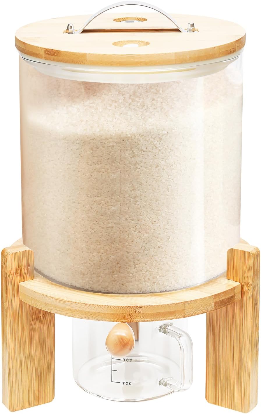Flour and Cereal Container, Rice Dispenser, Creative Glass Food Storge Container for Kitchen Organization and Pantry Store, Airtight Lid and Wooden Stand (5L)