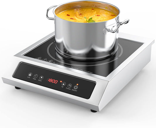 1800W Professional Commercial Induction Cooktop: 120V Stainless Steel Countertop Burner for RV, Small Restaurant, Catering Kitchen - Portable Hot Plate with 3-Hour Timer, Touch Panel