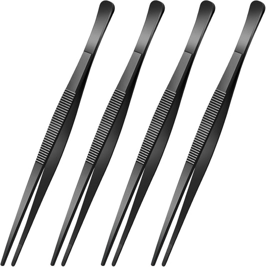 Yaomiao 4 Packs 12 Inch Bar Tweezers Black Long Garnish Tongs Stainless Steel Kitchen Cooking Tongs Tweezers for Food Cocktail Korean BBQ Bartender Chef, Multi-use