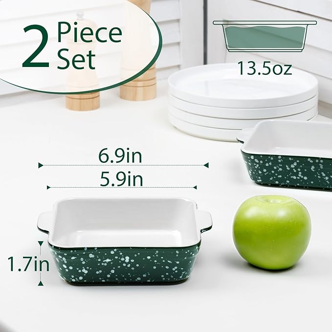 NUTRIUPS 13oz 5.9x5.9in Square Ceramic Baking Dish Set, 2-Pack Small Oven-Safe Baking Pan for Lasagna, Casserole - Bakeware for Baking & Serving (Green)