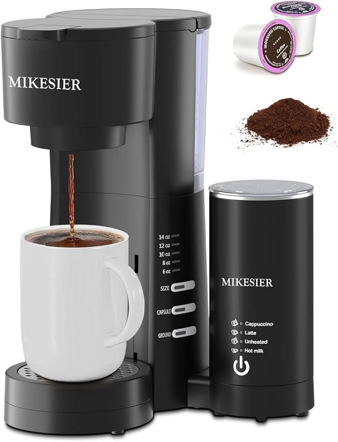 3IN1 Single Serve Coffee Maker with Milk Frother, Small Coffee Machine for K Cup & Ground, 6-14oz Brew Size, 28oz Water Tank, Adjustable Drip Tray