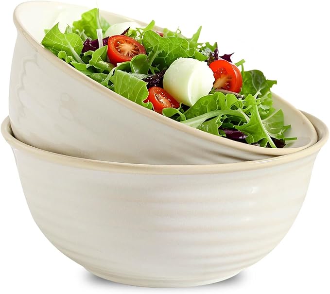 Serving Bowls Set of 2, 9 Inch Large Ceramic Mixing Bowls for Kitchen, Perfect for Salad Pasta Soup Pho Popcorn Baking Cooking, Ideal for Daily Meals Party Dinner Entertaining, White