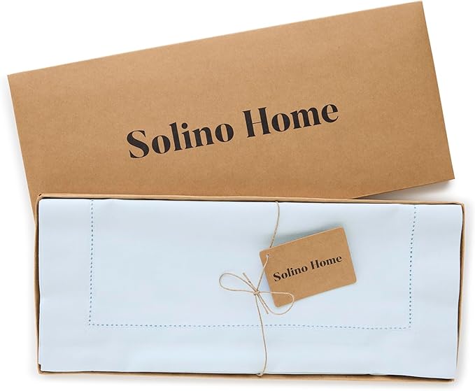 Solino Home Table Runner 120 Inches Long - Cotton Linen Hemstitch Light Blue Table Runner 14 x 120 Inch for Christmas, New Year