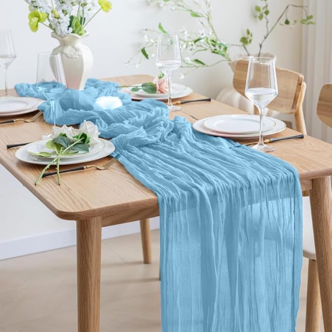 12 Pack Light Blue 10 Ft Cheesecloth Table Runner 21x120 Inch Boho Wrinkled Sheer Romantic Gauze Decor for Wedding, Bridal Shower, Birthday Party