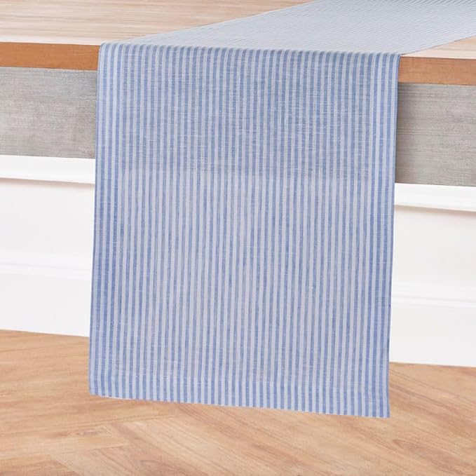 Solino Home Linen Table Runner 132 Inches Long - Narrow Stripe, 100% Pure Linen Cornflower Blue and White Farmhouse Table Runner 14 x 132 Inch for Dining