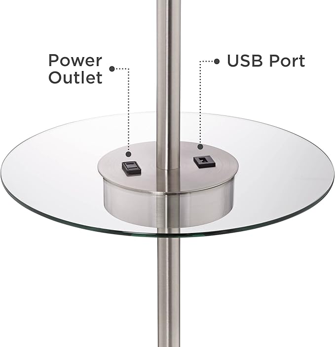360 Lighting Caper Modern Floor Lamps 60.5" Tall Set of 2 with Tray Table USB and AC Power Outlet Brushed Nickel White Fabric Drum Shades Living Room Reading House Bedroom