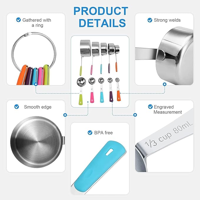 Measuring Cups and Spoons Set Stainless Steel 11 Piece for Cooking and Baking (6 Cups + 5 Spoons, Colorful Handles)