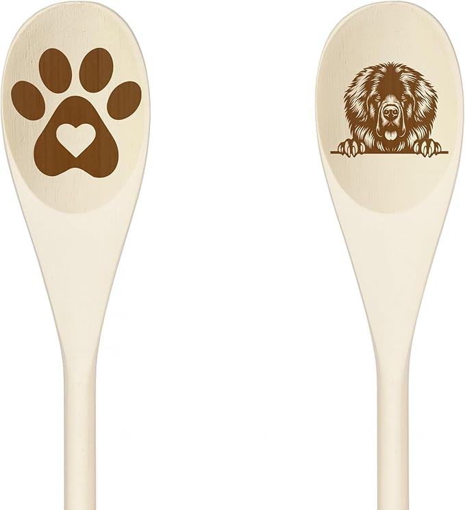 Decorative Wooden Spoons with Peeking Dog Designs, Paw Print and Dog Head, Kitchen Utensils Set of 2 (LEONBERGER)