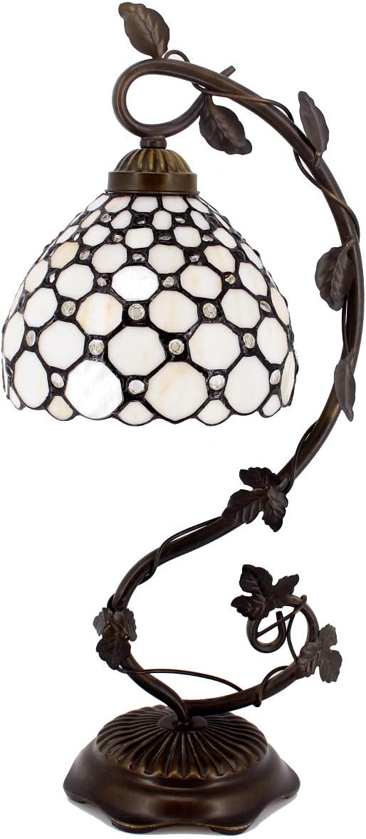 WERFACTORY Tiffany Table Lamp Cream Stained Glass Pearl Style Desk Light with Metal Leaf Base 8X10X21 Inches Decor Small Space Bedroom Home Office S005 Series