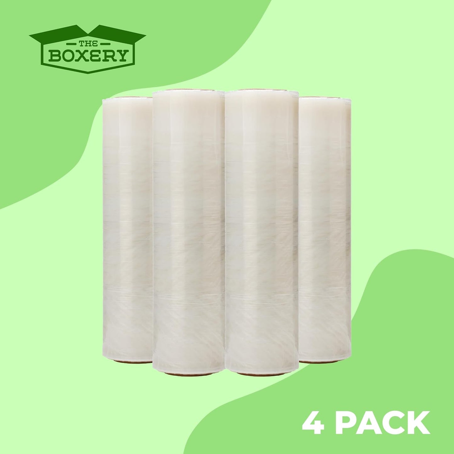 The Boxery- 18''X1500' Per Roll Stretch Wrap-4 Rolls-6000 Feet Total (30 Gauge)-Lightweight, Prestretched Stretch Wrap Film Clear Cling Plastic for Shipping, Moving and Packaging