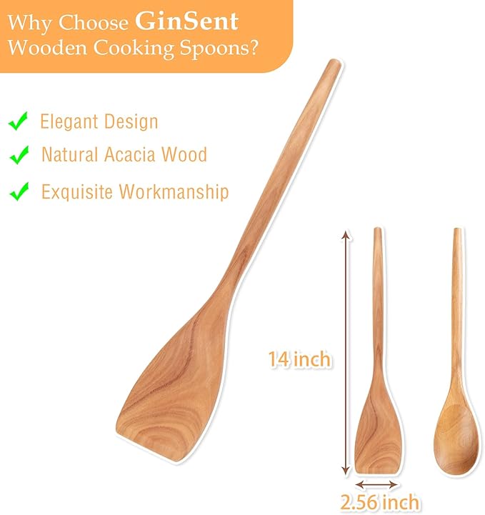 GinSent 2PCS Wooden Spoons for Cooking,14INCH Wooden Spoons Cooking Comfort Grip Wood Spoons,Wooden Kitchen Utensils for Stirring Scraping Flipping and Serving,Non-Stick Cookware Spatula &Spoons