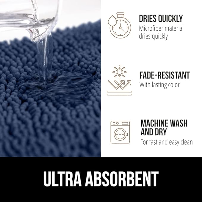 GORILLA GRIP Bath Rug Mat 36x24, Soft Absorbent Chenille, Quick Dry Microfiber Mats, Rubber Backing Washable Shower Floor Rugs, Bathmat Runner, US Designed Bathroom Home Decor Accessories Navy Blue