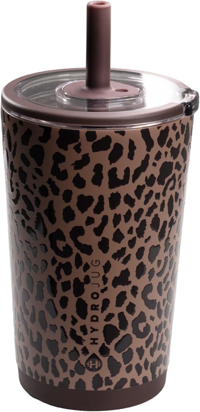 HydroJug Everyday Tumbler 14 oz – Ceramic-Lined Insulated Tumbler with Straw and Soft-Touch Lid, Cup Holder Friendly, Double-Wall Vacuum Insulation, Reusable Travel Cup – Brown Leopard