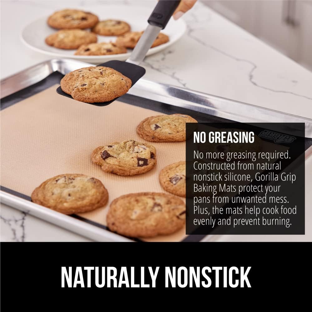 GORILLA GRIP Reusable Nonstick Silicone Baking Mat, 2 Pack, 16.5x11.87, BPA-Free Oven Safe Food Liner, For Cookie Sheets, No Mess Easy Clean Pastry Mats, Kitchen Essential, Half Sheet Size, Black
