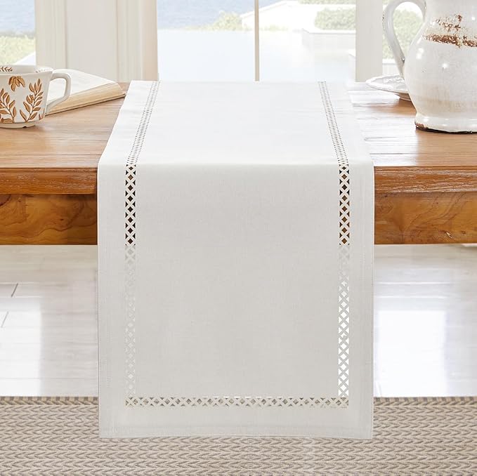 Burlap Style Farmhouse Table Runner, 13 x 108 Inch Off White, Rustic Geometric Hollow Table Runners 108 Inches Long for Dresser Table Everyday Use, 13x108 Inches, Off White