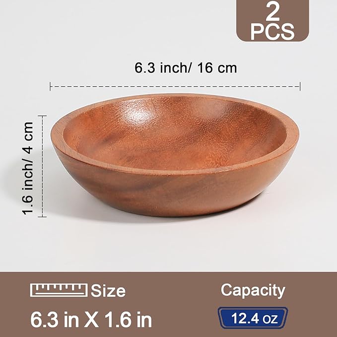 Acacia Wood Serving Bowls, 6 Inch Handcrafted Wooden Individual Bowls Set of 2 for Food/Soup/Salad/Pasta, Use as Snack Holder Plate for Kitchen and Dining