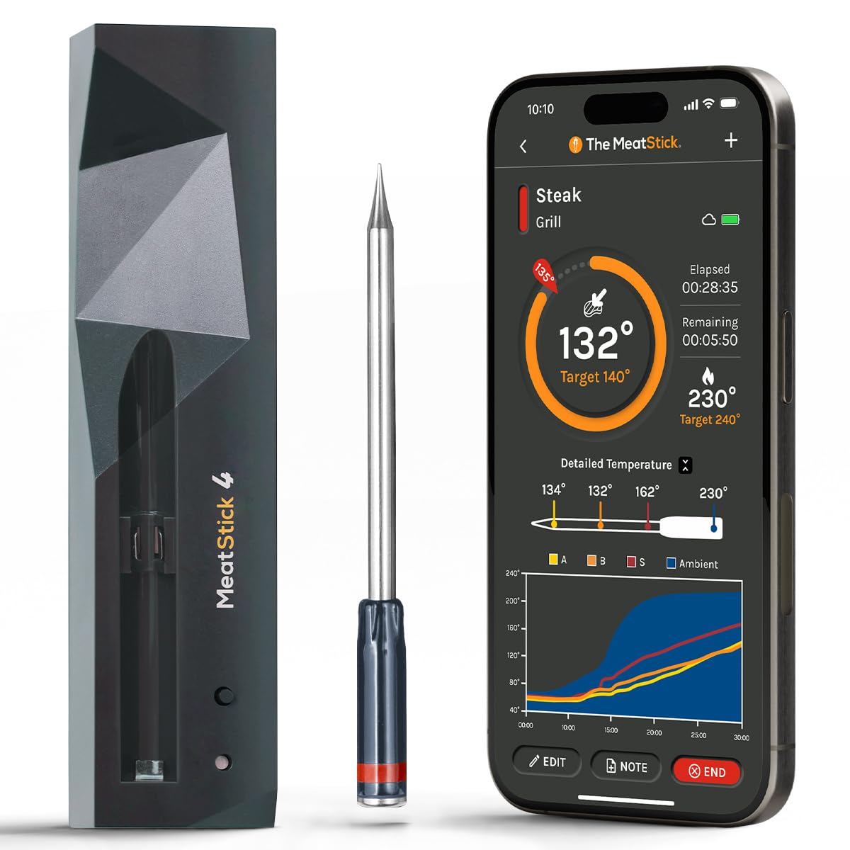 MeatStick 4 - Wireless Meat Thermometer for Grilling and Smoking, Smart Meat Thermometer with 4 Sensors & Limited Range (165ft Outdoors), Wireless Grill Thermometer, Wireless Meat Probe for Smoker