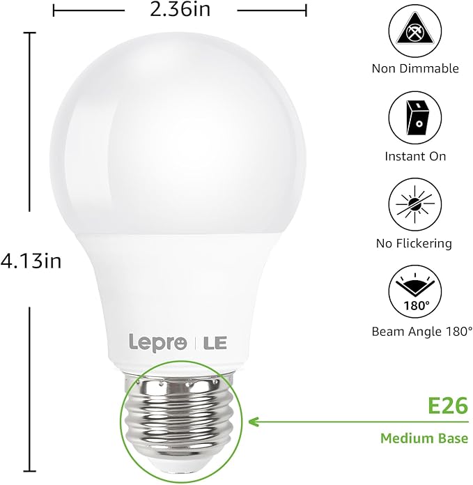 Lepro LED Light Bulbs 60 Watt Equivalent, 9W 800 Lumens Non-Dimmable, Warm White 2700K, A19 E26 Standard Medium Base, 10000 Hour Lifetime 10 Count (Pack of 1)